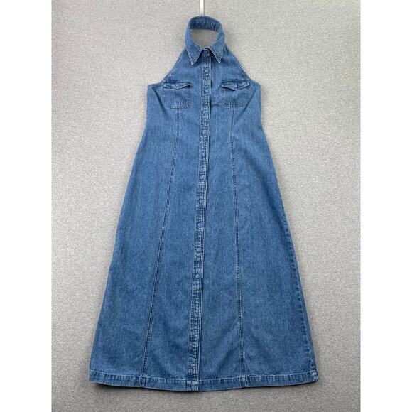 y2k 90s Vintage Denim Halter Midi Dress Size 8P Blue Button-Up Sleeveless Collar - Picture 3 of 15